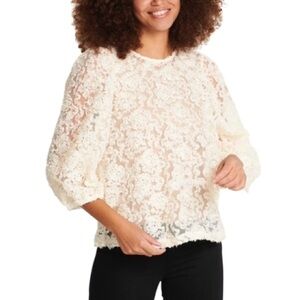 Floral Lace Sheer Puff Sleeve Blouse